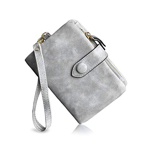 Womens Small Bifold Leather Wallets Rfid Ladies Wristlet with Card slots id window Zipper Coin Purse (Gray)