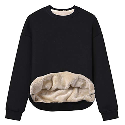 Women's Loose Fleece Pullover Sherpa Lined Crewneck Sweatshirt (02 Black, Large)