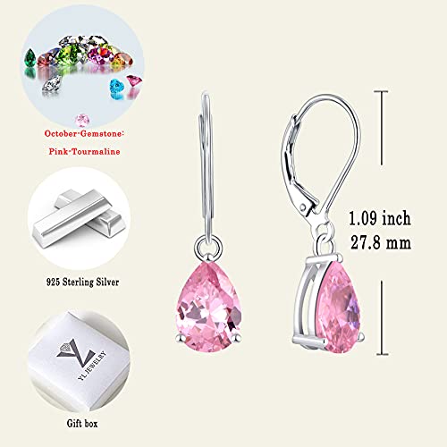 YL Dangle Drop Earrings Sterling Silver Solitaire Leverback Earrings Teardrop Pink Tourmaline Jewelry Gifts for Moms