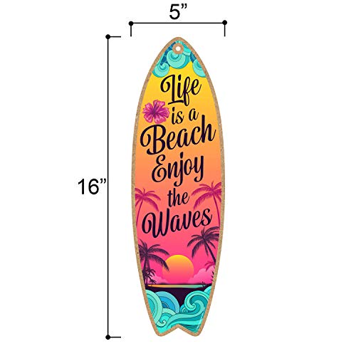 Honey Dew Gifts Life is a Beach Enjoy the Waves, 5 inch by 16 inch Surfboard, Wood Sign, Tiki Bar Decoration, Beach Themed Decor, Decorative Wall Sign, Home Decor
