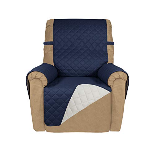 PureFit Reversible Quilted Recliner Sofa Cover, Water Resistant Slipcover Furniture Protector, Washable Couch Cover with Elastic Straps for Kids, Dogs, Pets (Recliner, Navy/Ivory)