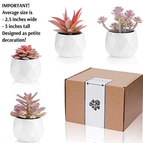 VIVERIE Faux Succulents in White Ceramic Pots for Desk, Office, Living Room, and Home Decoration - Fake Plants Included (Set of 4 Artificial Succulents)