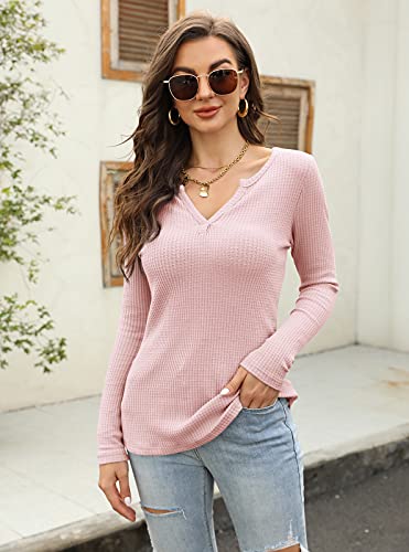 Women's V Neck Waffle Knit Henley Tops Casual Long Sleeve Pullover Sweater Blouses (Light Pink-2, X-Large)