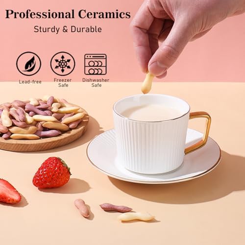 ICHAG Cups and Saucers Set of 6, Coffee Mugs, Tea Cups Set with Bowknot, Tea Set, 18-piece, Cup with 8.4oz, Golden Spoon, For Tea Party, Christmas Gifts, Gifts for Home Office