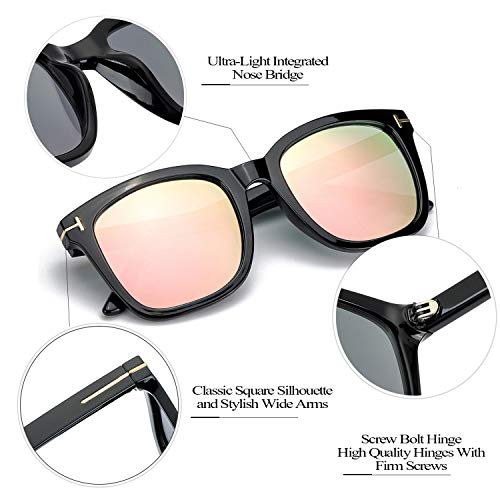 Myiaur Classic Sunglasses for Women Polarized Driving Anti Glare 100% UV Protection (Black Frame / Pink Mirrored Glasses)