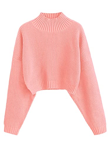 ZAFUL Women's Cropped Turtleneck Sweater Lantern Sleeve Ribbed Knit Pullover Sweater Jumper (1-Orange Pink, M)