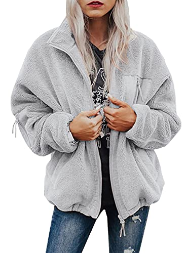 BTFBM Women Long Sleeve Full Zip Jackets Casual Solid Color Loose Fleece Short Teddy Coats Jacket Outerwear With Pockets(Solid Grey, Medium)
