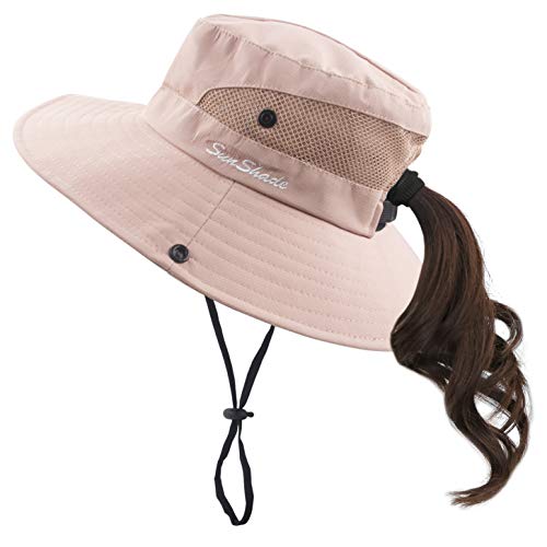 Women's Wide Brim Floppy Summer Sun Hat w/Ponytail Hole, Pink