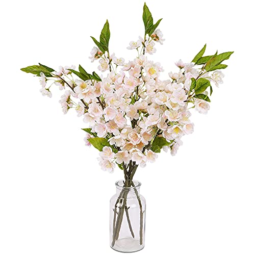 Sunm Boutique 6PCS 20In White Pink Cherry Blossom Flowers Artificial Peach Blossom Flower Silk Cherry Blossom Branches with Leaves White Plum Blossom Flowers for Wedding Home Indoor Outdoor Decor