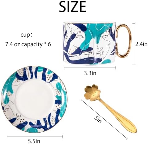 ICHAG Cups and Saucers Set of 6, Coffee Mugs, Tea Cups Set with Bowknot, Tea Set, 18-piece, Cup with 8.4oz, Golden Spoon, For Tea Party, Christmas Gifts, Gifts for Home Office