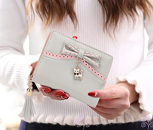 UTO Wallet for Girls PU Leather Cat Pendant Tassel Zipper Card Holder Organizer Women Small Cute Coin Purse Ace Grey