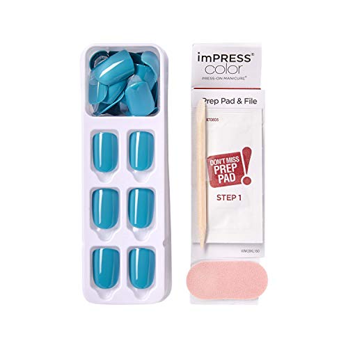 KISS imPRESS Color Press-On Manicure, Gel Nail Kit, PureFit Technology, Short Length, “Beach Waves”, Polish-Free Solid Color Mani, Includes Prep Pad, Mini File, Cuticle Stick, and 30 Fake Nails