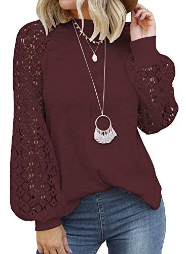 MIHOLL Women’s Long Sleeve Tops Lace Casual Loose Blouses T Shirts (Wine Red, Small)