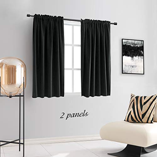 DONREN 99% Blackout Curtain Panels for Bedroom - Thermal Insulating Rod Pocket Drapes for Small Windows(42 x 45 Inch,Set of 2 Panels,Black)