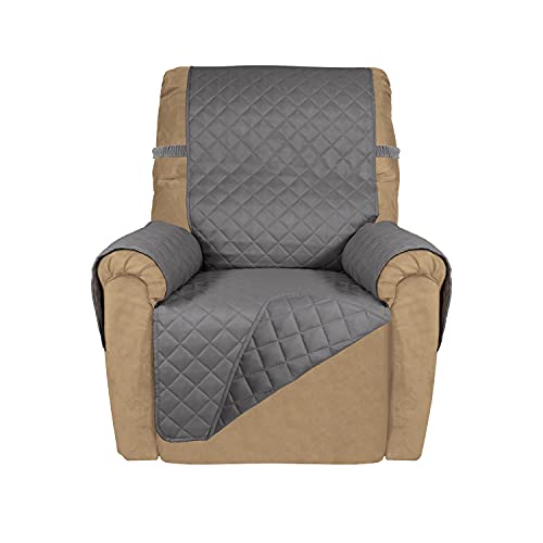 PureFit Reversible Quilted Recliner Sofa Cover, Water Resistant Slipcover Furniture Protector, Washable Couch Cover with Elastic Straps for Kids, Dogs, Pets (Recliner, Gray/Gray)