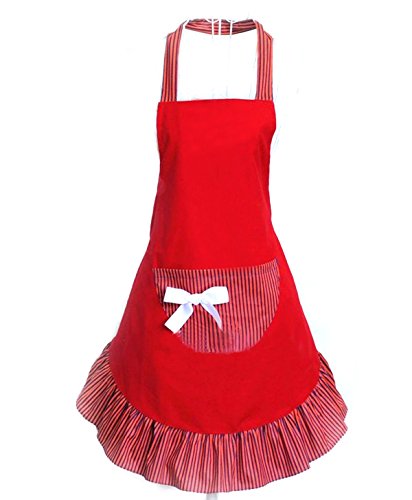 Hyzrz Cute Girls Bowknot Funny Aprons Lady's Kitchen Restaurant Women's Cake Apron with Pocket (Red)