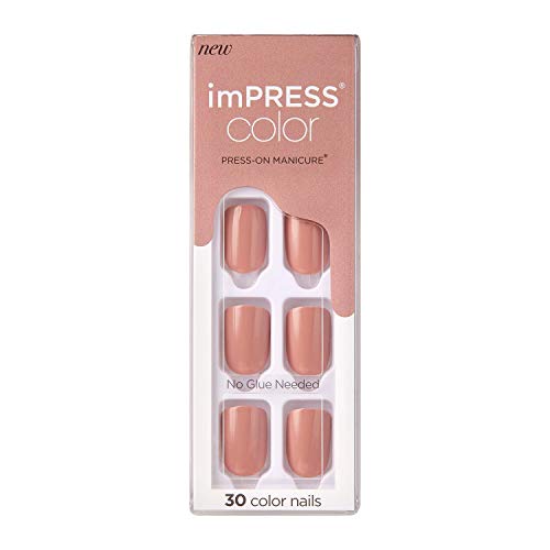 KISS imPRESS Color Press-On Manicure, Gel Nail Kit, PureFit Technology, Short Length, “Sandbox”, Polish-Free Solid Color Mani, Includes Prep Pad, Mini File, Cuticle Stick, and 30 Fake Nails
