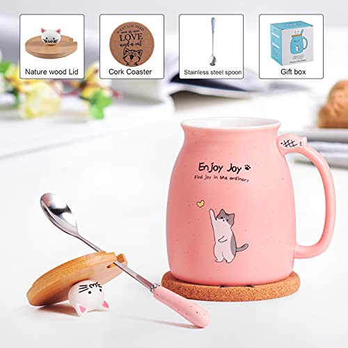 Feify Cute Cat Cup Ceramic Coffee Mug with Kawaii Cat Wooden Lid, Lovely Stainless Steel Spoon, Anime Kitty Thicken Wooden Coaster, Christmas Birthday Gift Cute Thing Japanese Mug 480ML(Pink)