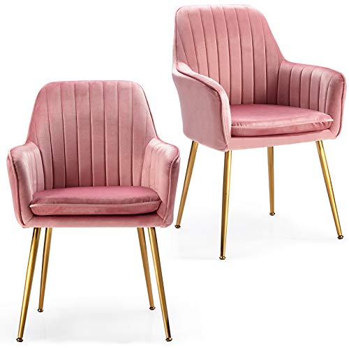 Giantex Set of 2 Velvet Dining Chairs, Accent Upholstered Arm Chair w/Steel Legs, Thick Sponge Seat, Non-Slipping Pad, Modern Leisure Chair for Dining Room, Living Room, Bedroom, Pink