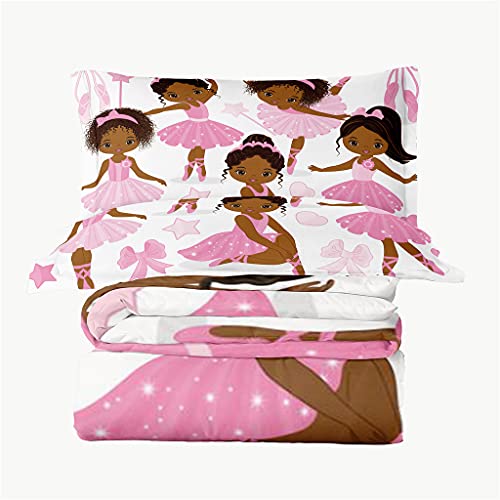 Pink African American Ballerina Bedding Set Twin for Gilrs Kids, Cute Ballet Princess Dancer Comforter Set Black Girls Bed Set 1 Comforter 2 Pillowcases