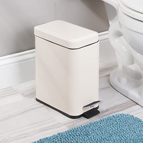 mDesign Small Modern 1.3 Gallon Rectangle Metal Lidded Step Trash Can, Compact Garbage Bin with Removable Liner Bucket and Handle for Bathroom, Kitchen, Craft Room, Office, Garage - Cream/Beige