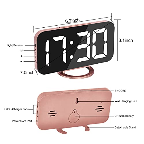 7-Inch LED Mirrored Large Display Digital Alarm Clock w/Dual USB Charge Ports  (7 colors)