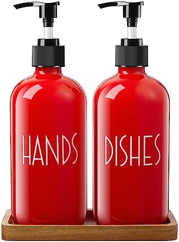ALELION Dish Soap Dispenser for Kitchen - 16 OZ Glass Hand Soap Dispenser Set with Acacia Wood Tray - Pink Kitchen Bathroom Decor and Accessories