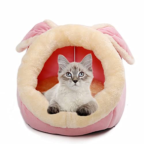 Cat Beds for Indoor Cats - Small Dog Bed with Anti-Slip Bottom, Rabbit-Shaped Cat/Small Dog Cave with Hanging Toy, Puppy Bed with Removable Cotton Pad, Super Soft Calming Pet Sofa Bed (Pink Medium)