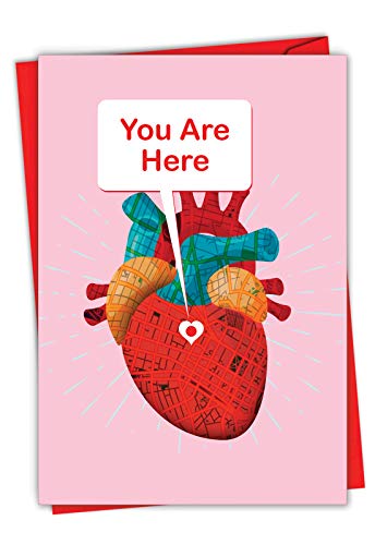 NobleWorks, Cute Valentine's Card with Envelope - Heartfelt Stationery Notecard for Valentines - Heart Map C3186VDG
