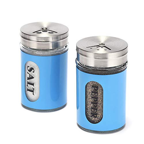 YEEPHENYEEVEE Salt and Pepper Shakers Stainless Steel and Glass Set with Adjustable Pour Holes(Blue)