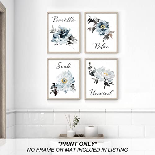 heilkee Navy Blue Bathroom Decor Botanical Wall Art Relax Soak Unwind Breathe Bathroom Pictures Modern Watercolor Flowers Art Prints 4 Pieces(UNFRAMED 8x10in)