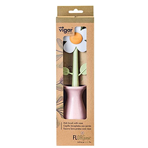 Vigar Florganic Dish Brush with Vase, Eco-Friendly, Daisy-Shaped Dish Brush and Holder, Pink