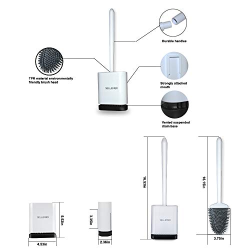 Sellemer Toilet Brush and Holder Set for Bathroom, Flexible Toilet Bowl Brush Head with Silicone Bristles, Compact Size for Storage and Organization, Ventilation Slots Base (White)