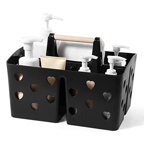Anyoifax Portable Shower Caddy Cleaning caddy Plastic Basket with Wood Handle Divided Shower Tote Storage Organizer for Bathroom, College Dorm, Kitchen, Bedroom - Black
