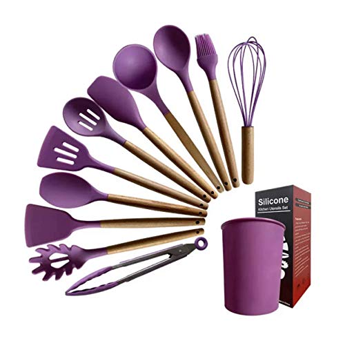 Kitchen Cooking Utensils Set 12 Pieces Silicone Wooden Handle High Heat Resistance Premium Silicone Kitchen Gadgets Spatula Set with Holder BPA Free (Purple)