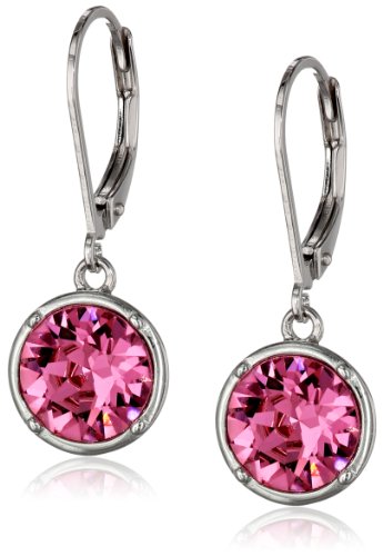 Sterling Silver Rose Pink Round Leverback Dangle Earrings Made with Swarovski Crystal