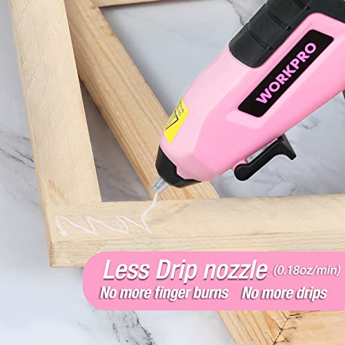 WORKPRO Cordless Hot Melt Glue Gun, Rechargeable Fast Preheating Mini Glue Gun Kit with 20 Pc Premium Glue Stick, Automatic-Power-Off Glue Gun for Art, Crafts, Decorations, Fast Repairs, Pink Ribbon