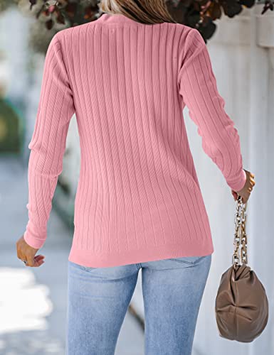 MEROKEETY Women's Long Sleeve V Neck Ribbed Button Knit Sweater Solid Color Tops Pink