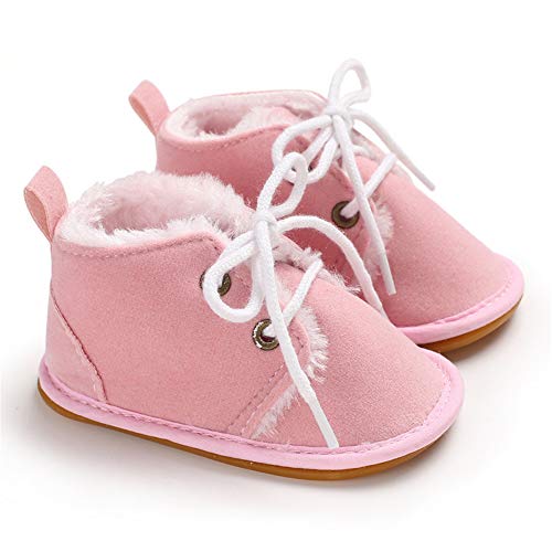 Newborn Lace Up Baby Booties, Prewalker Fur Lined Non-Slip Shoes, 6-12 Months, Pink