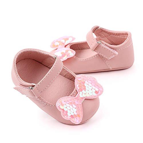 Infant Baby Girl's Handmade Soft PU Leather Non-Slip Princess Flats First Walkers, Pink Bow