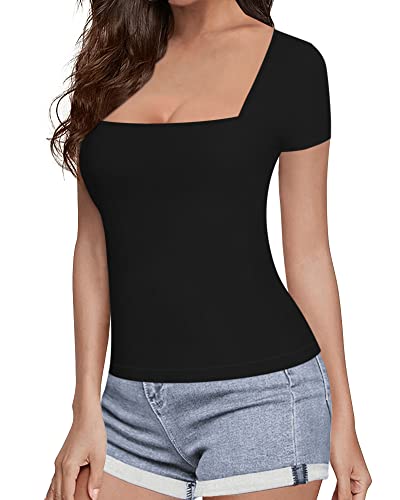 MANGOPOP Womens Short Sleeve/Long Sleeve Square Neck T Shirts Tops Tees (A Short Sleeve Black, Medium)