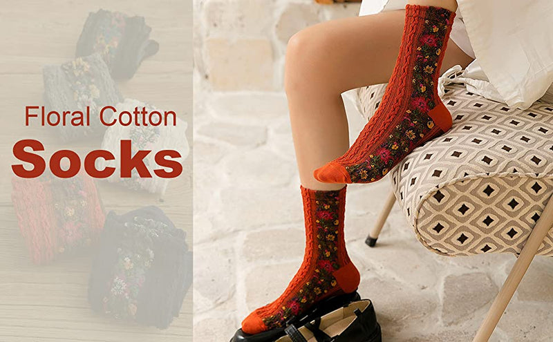 Women's 5 Pairs Vintage Ethnic Floral Knit Socks Stripe Flower Cotton Crew Socks