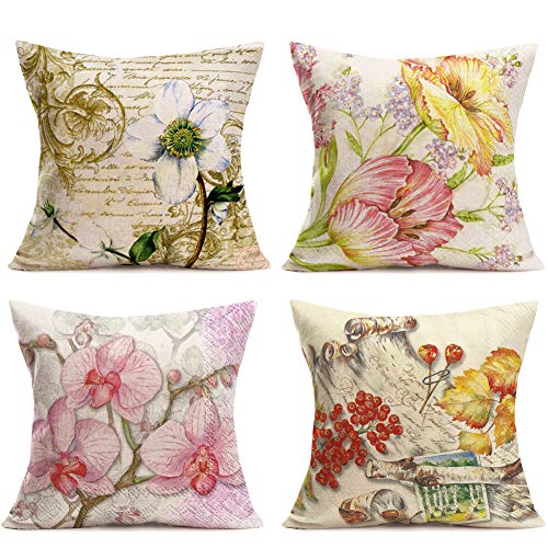 Hopyeer Cotton Linen Throw Pillow Covers Vintage Flowers Decorative Retro Fall Magnolia Flower Butterfly Orchid Maple Xmas Mistletoe Pillowcase Home Sofa Decoration Cushion Cover 18