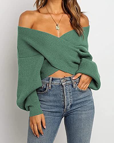 BTFBM Women Casual V Neck Long Sleeve Sweaters Cross Wrap Front Off Shoulder Asymmetric Hem Knitted Crop Solid Pullover(Solid Army Green, X-Large)