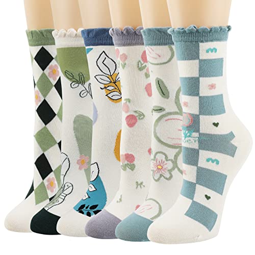 Women's Cute Flower Patterns Lightweight Casual Cotton Crew Socks, 6 Pack
