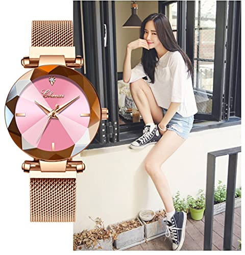 Fashion Women's Analog Quartz Watches Luxury Diamond Stainless Steel Mesh Band Wrist Watches for Women (A Pink)