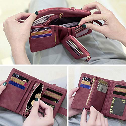Womens Small Bifold Leather Wallets Rfid Ladies Wristlet with Card slots id window Zipper Coin Purse (Purple)