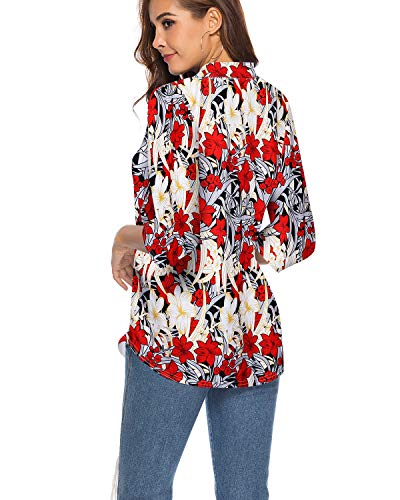 CEASIKERY Women's 3/4 Sleeve Floral V Neck Tops Casual Tunic Blouse Loose Shirt 009 Red