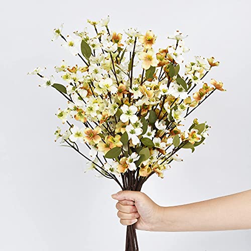 Artflower 6 Pack Artificial Silk Plum Blossom 23.6’’ Fake Plum Flower Stems Faux Cherry Flowers Cherry Blossom Branches Vase Arrangement for Table Centerpieces Home Wedding Party Decoration, Champagne