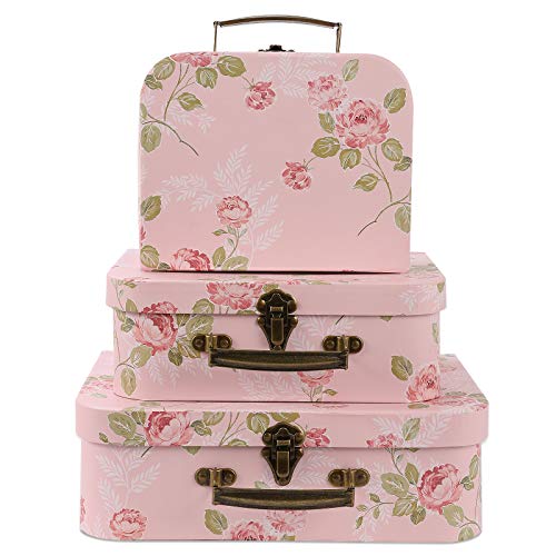 Pink Floral Set of 3 Paperboard Suitcases Decorative Storage or Gift Boxes with Lids